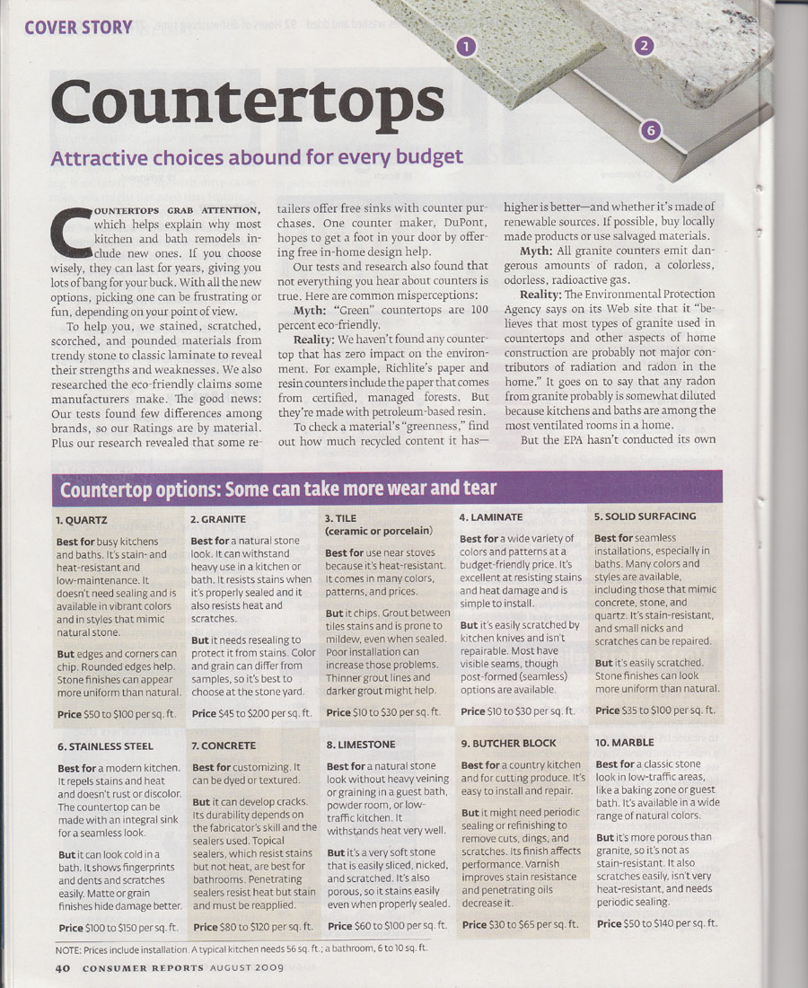 Consumer Reports on Countertops